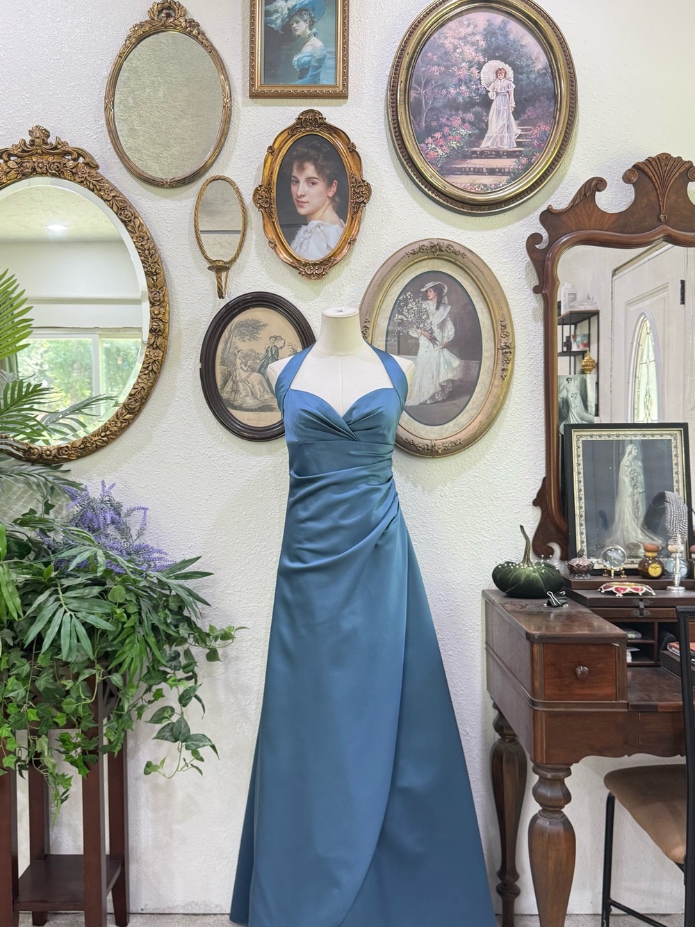 David's Bridal Teal Satin Halter Maxi Dress